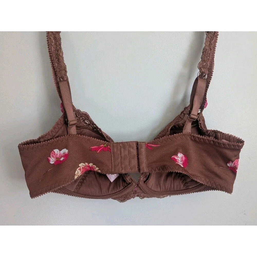 Y2K Sophie B Bra Brown Pink Floral Lace Padded Underwire Adjustable Straps 36DD